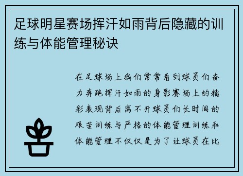 足球明星赛场挥汗如雨背后隐藏的训练与体能管理秘诀